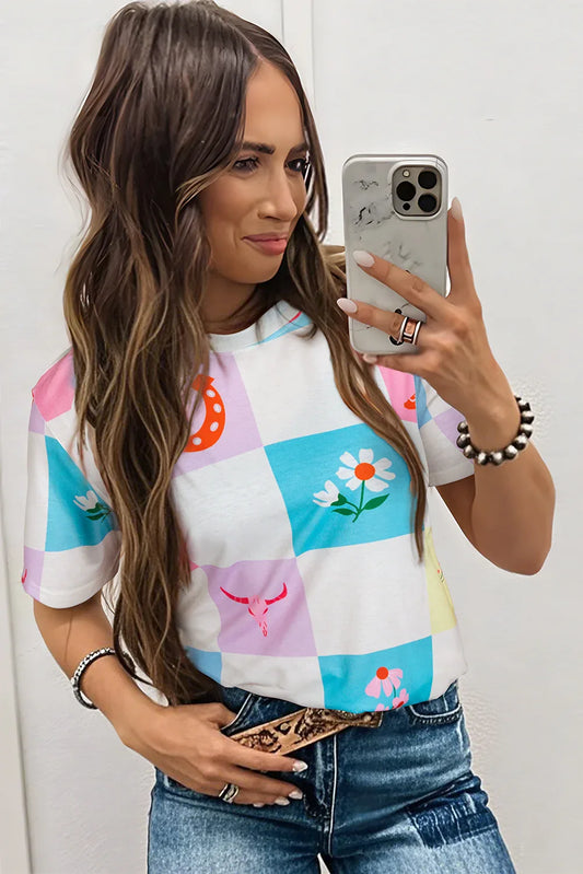 Sky Blue Western Fashion Checker Print Crewneck T Shirt - Windgat