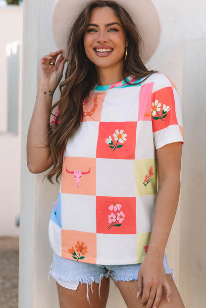 Sky Blue Western Fashion Checker Print Crewneck T Shirt - Windgat