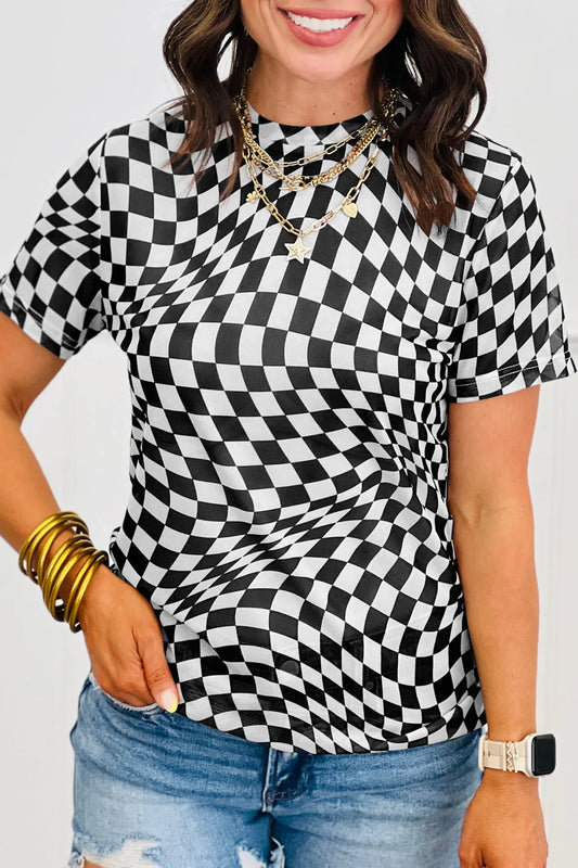 Black Checkered Print Mock Neck Mesh T Shirt - Windgat