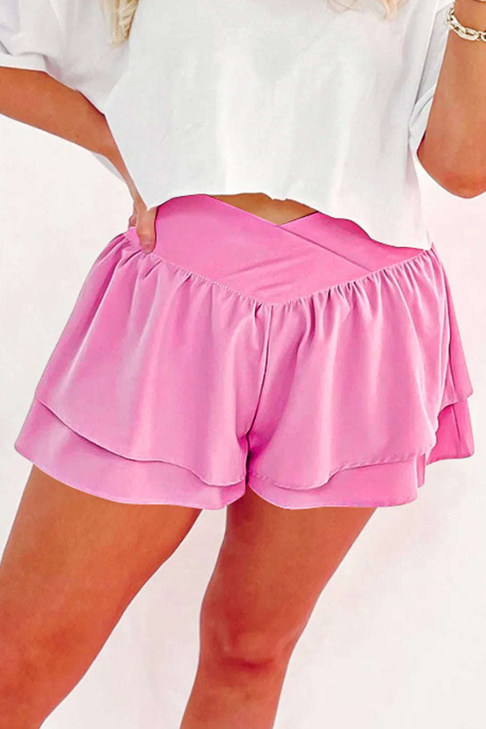 Bright Pink Crossed Waist Tiered Flowy Shorts - Windgat