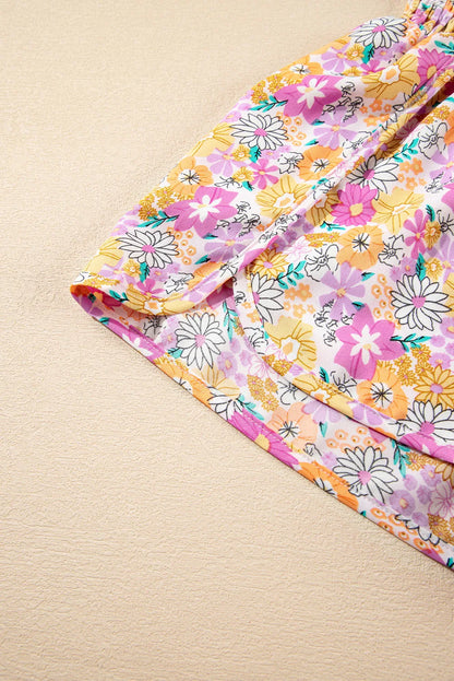 Orange Boho Floral Shirred High Waist Casual Shorts - Windgat