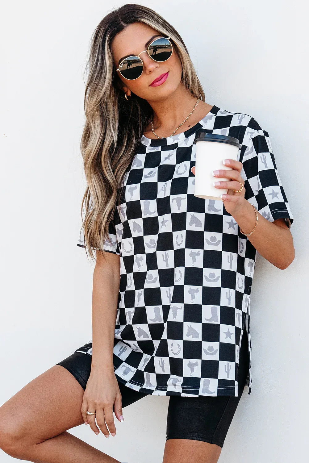 Black Western Fashion Checkerboard Print Side Split T Shirt - Windgat