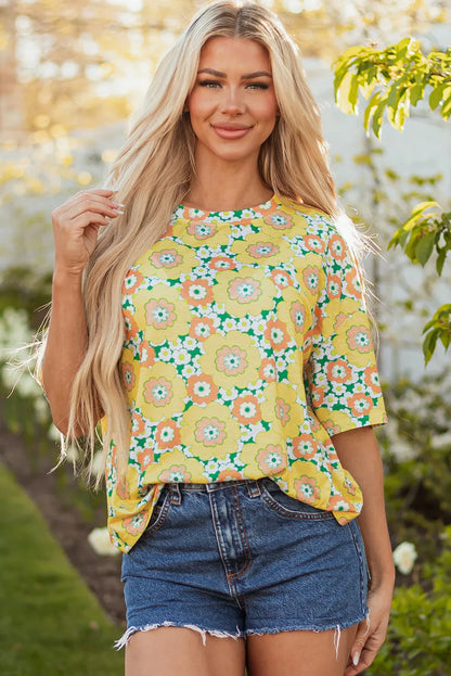 Yellow Summer Flower Printed Drop Shoulder Loose T Shirt - Windgat