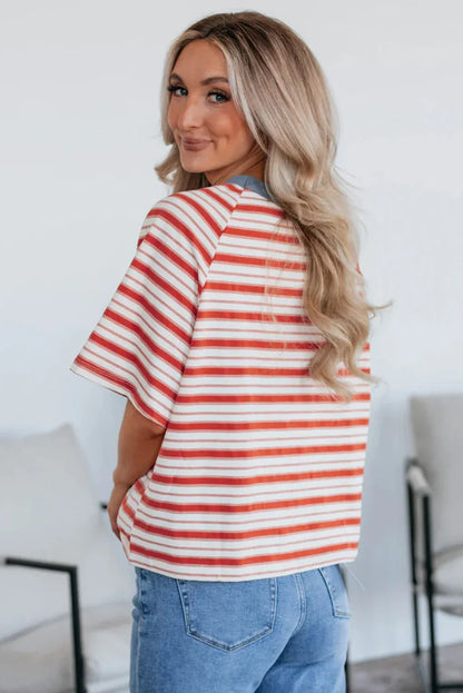 Tomato Red Stripe Print Contrast Collar Raglan Sleeve T Shirt - Windgat