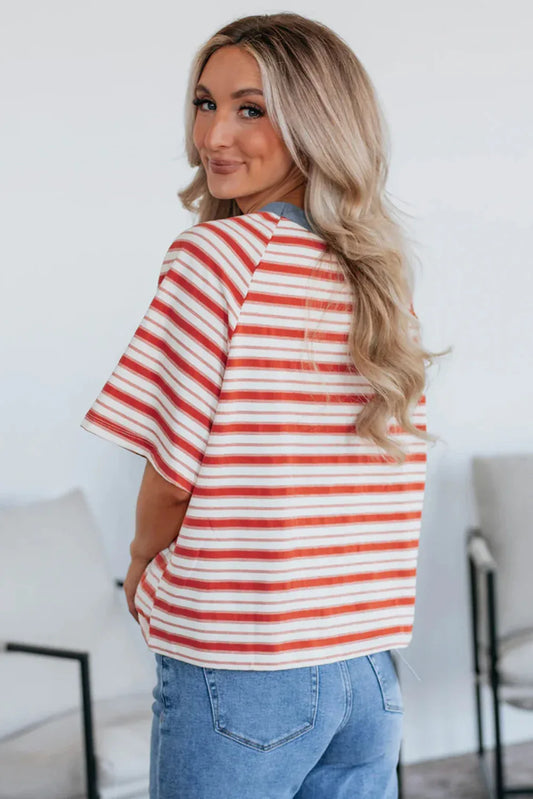 Tomato Red Stripe Print Contrast Collar Raglan Sleeve T Shirt - Windgat