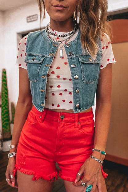 Racing Red Allover Heart Print Mesh Short Sleeve Top - Windgat