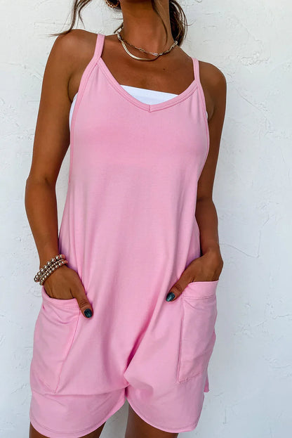 Pink Sleeveless Pocketed V Neck Jersey Romper - Windgat