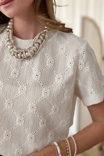 White Geometric Embroidered Slim Fit O Neck T Shirt - Windgat