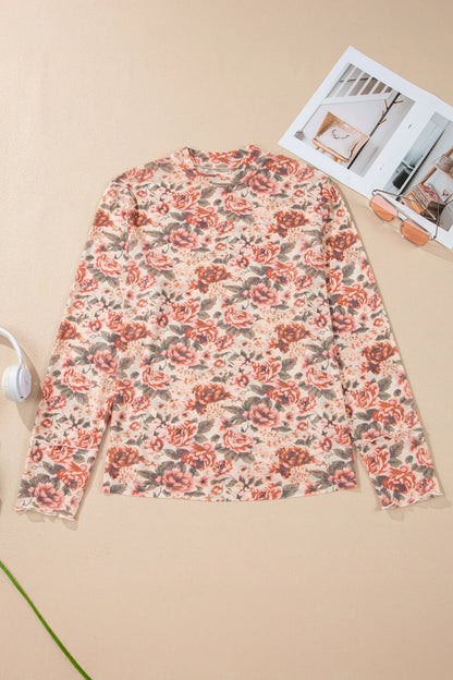 Pink Plus Size Floral Mock Neck Long Sleeve Slim Top - Windgat