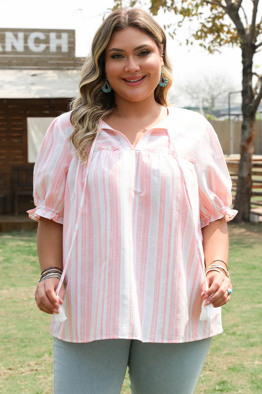 Pink Stripe Plus Size Tassel Tie Frilled Detail Short Sleeve Blouse - Windgat