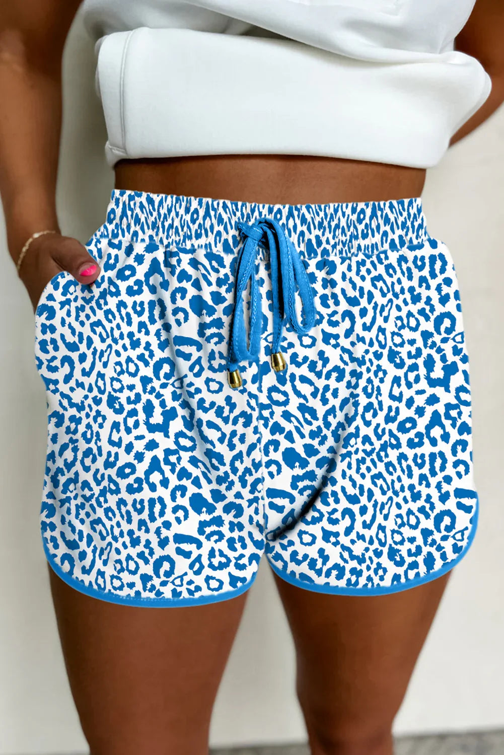 Blue Leopard Elastic Waistband Lace up Contrast Trim Casual Shorts - Windgat