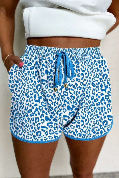 Blue Leopard Elastic Waistband Lace up Contrast Trim Casual Shorts - Windgat