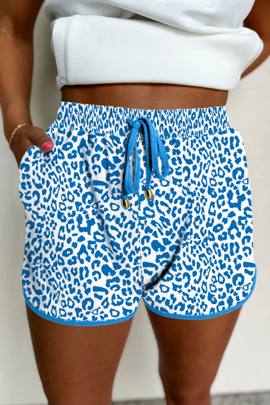 Blue Leopard Elastic Waistband Lace up Contrast Trim Casual Shorts - Windgat