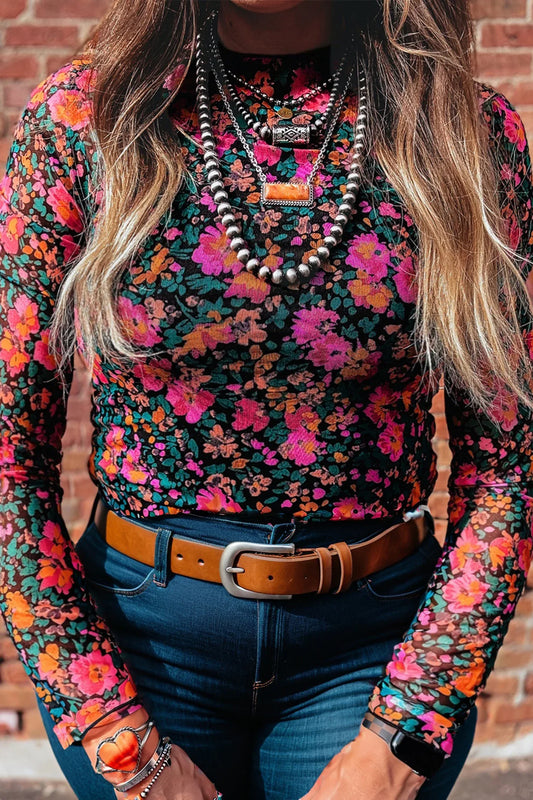 Rose Plus Size Vintage Floral Print Mesh Long Sleeve Top - Windgat