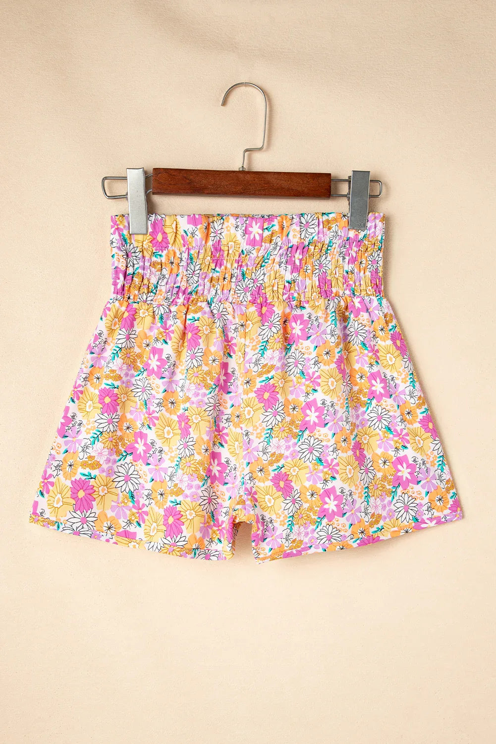 Orange Boho Floral Shirred High Waist Casual Shorts - Windgat