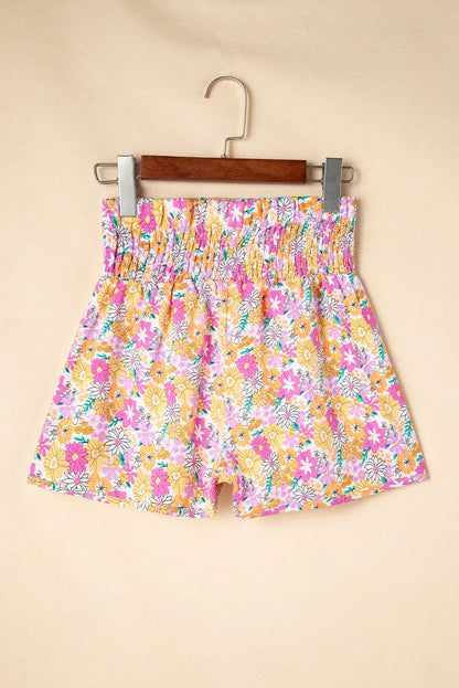 Orange Boho Floral Shirred High Waist Casual Shorts - Windgat