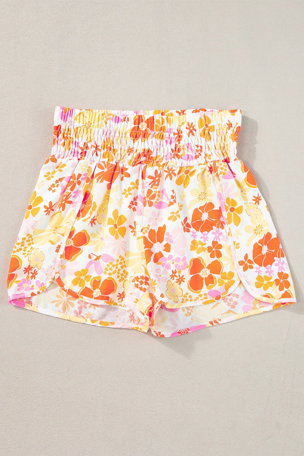 Orange Boho Floral Shirred High Waist Casual Shorts - Windgat