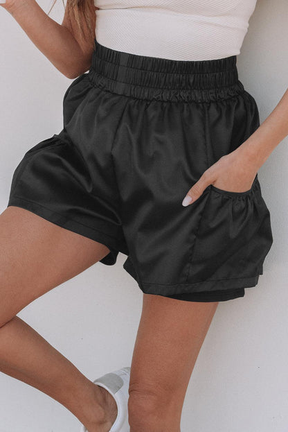 Black Elastic High Waist Pocketed Casual Shorts - Windgat